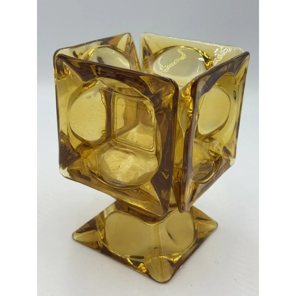 VTG Amber Glass Vase Heavy Square Cube Retro MCM Candle Holder Planter Retro